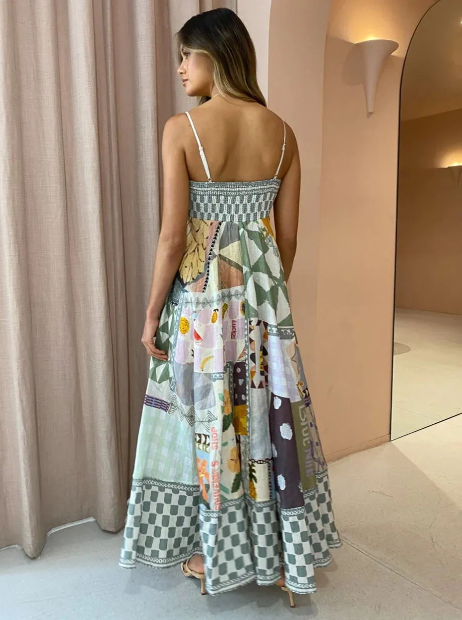 Women Spaghetti Strap Floral Print Linen Swing Dress