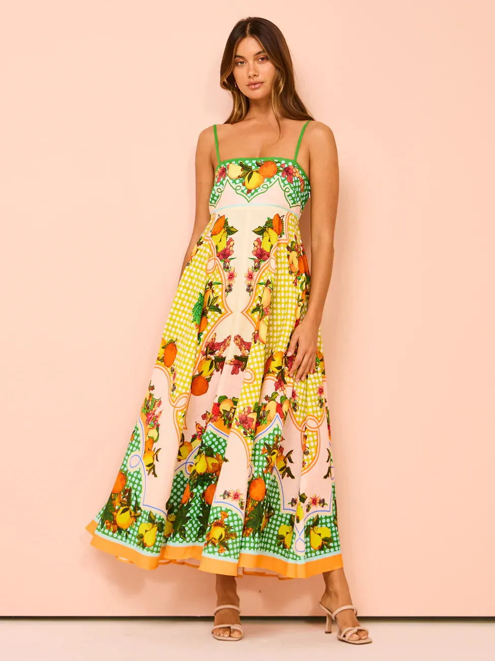 Women Spaghetti Strap Floral Print Linen Swing Dress