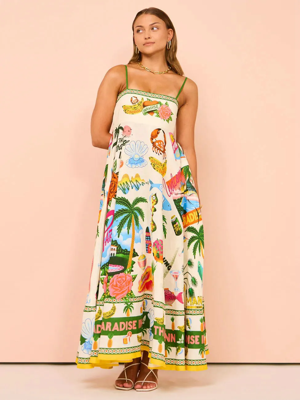 Women Spaghetti Strap Floral Print Linen Swing Dress