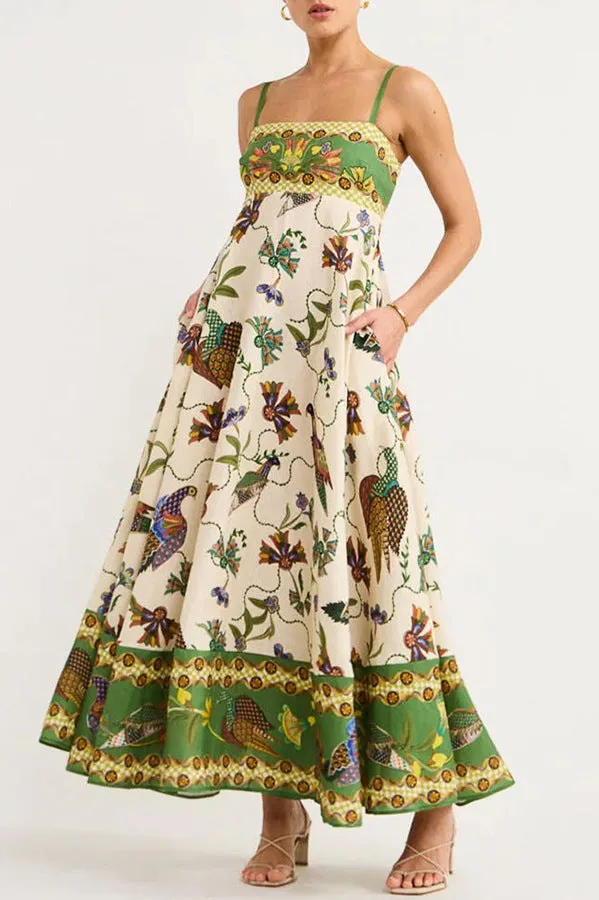 Women Spaghetti Strap Floral Print Linen Swing Dress