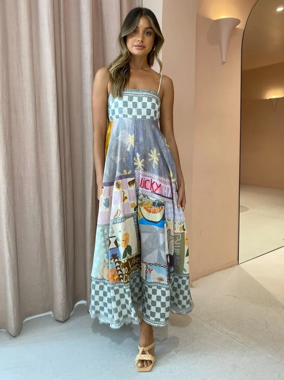 Women Spaghetti Strap Floral Print Linen Swing Dress