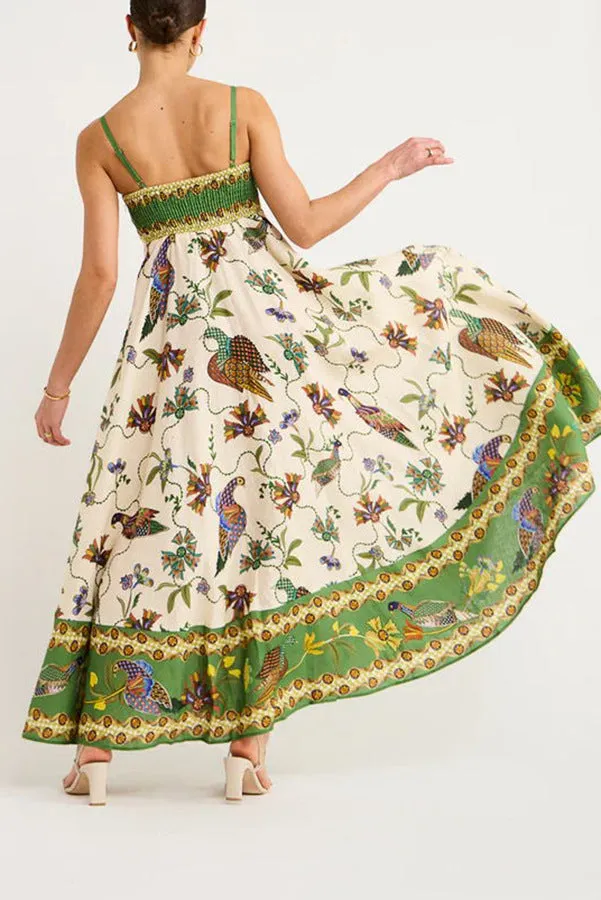 Women Spaghetti Strap Floral Print Linen Swing Dress