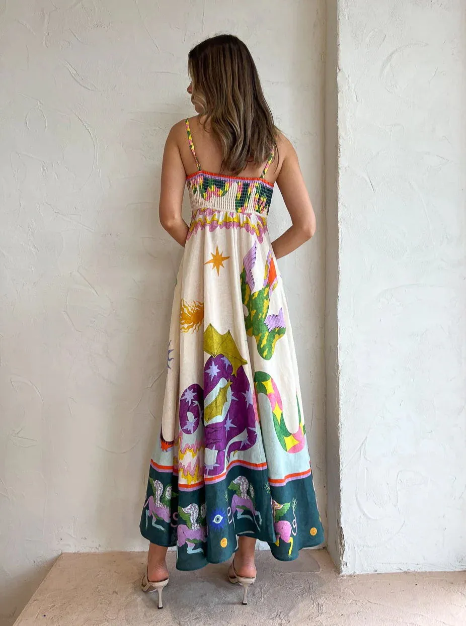Women Spaghetti Strap Floral Print Linen Swing Dress