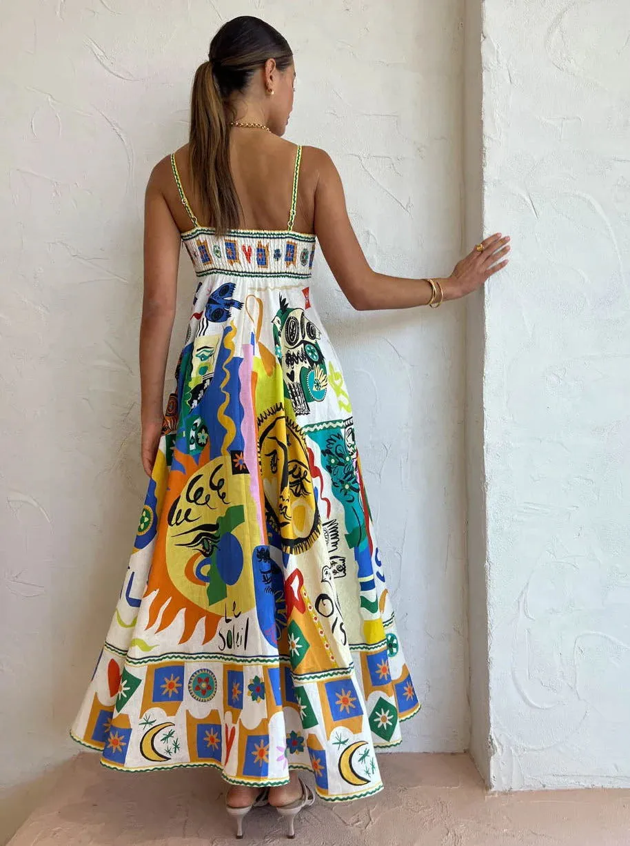Women Spaghetti Strap Floral Print Linen Swing Dress