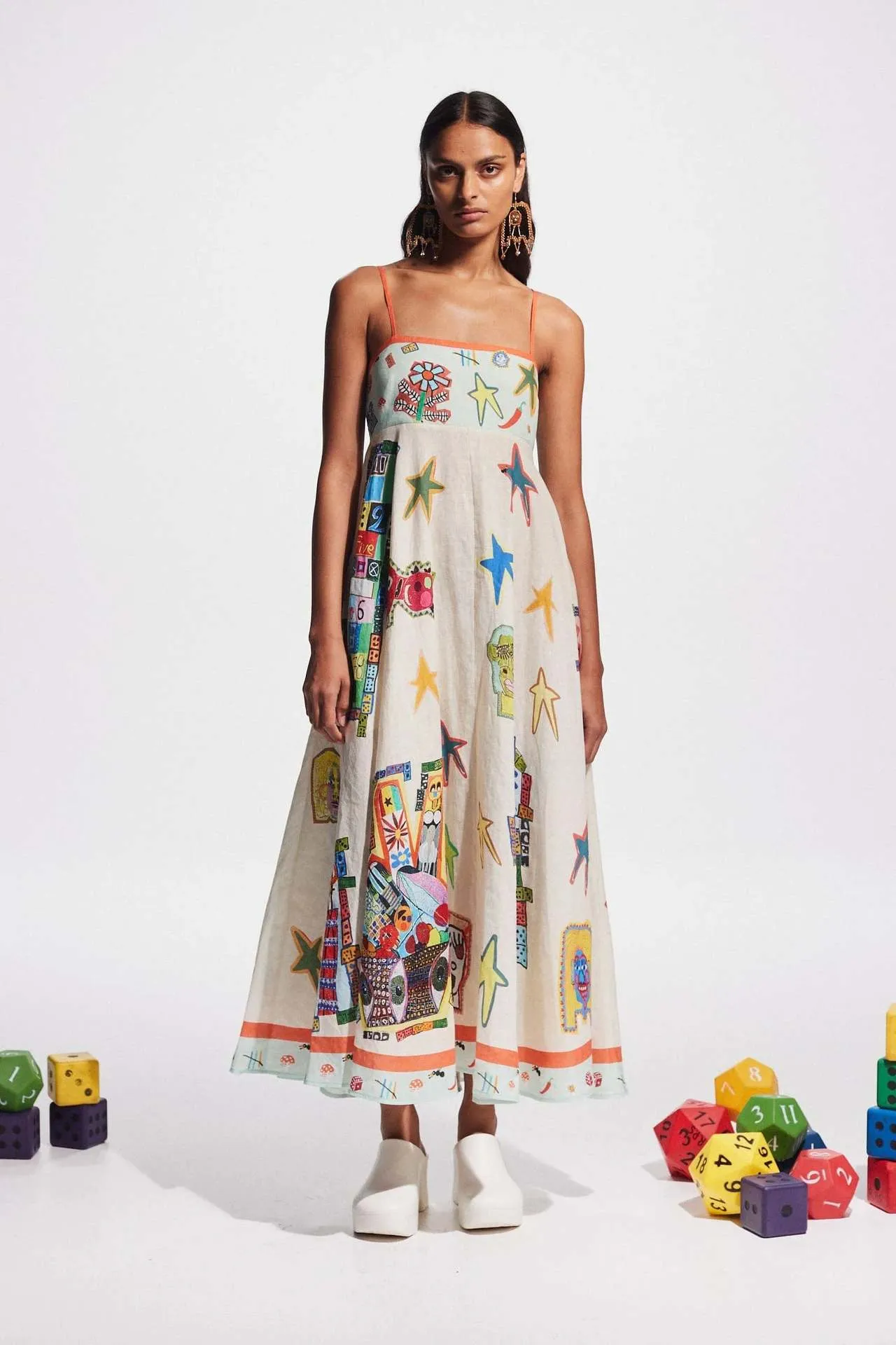 Women Spaghetti Strap Floral Print Linen Swing Dress