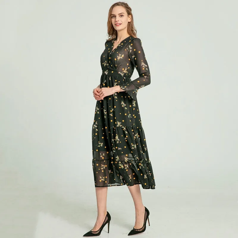Women Summer Beach Style Three Quarter Flare Sleeve Empire A-Line Ankle-Length Floral V-Neck Women Dresses - WD8202