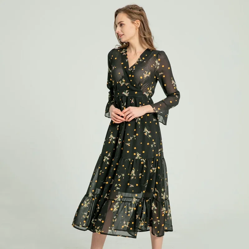 Women Summer Beach Style Three Quarter Flare Sleeve Empire A-Line Ankle-Length Floral V-Neck Women Dresses - WD8202