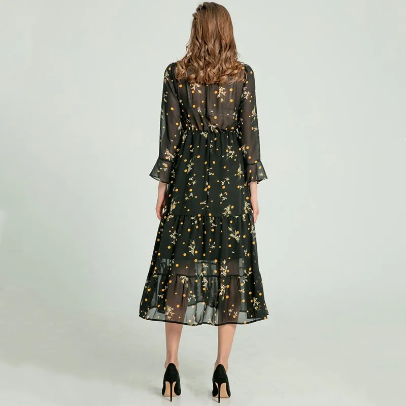 Women Summer Beach Style Three Quarter Flare Sleeve Empire A-Line Ankle-Length Floral V-Neck Women Dresses - WD8202