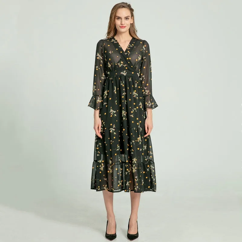 Women Summer Beach Style Three Quarter Flare Sleeve Empire A-Line Ankle-Length Floral V-Neck Women Dresses - WD8202