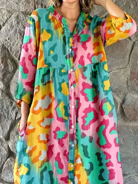 Women's Arty Leopard Print Cotton and Linen Shirt Dress