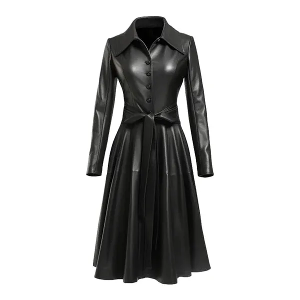 Women's Black Nexa Long Classic Leather Coat