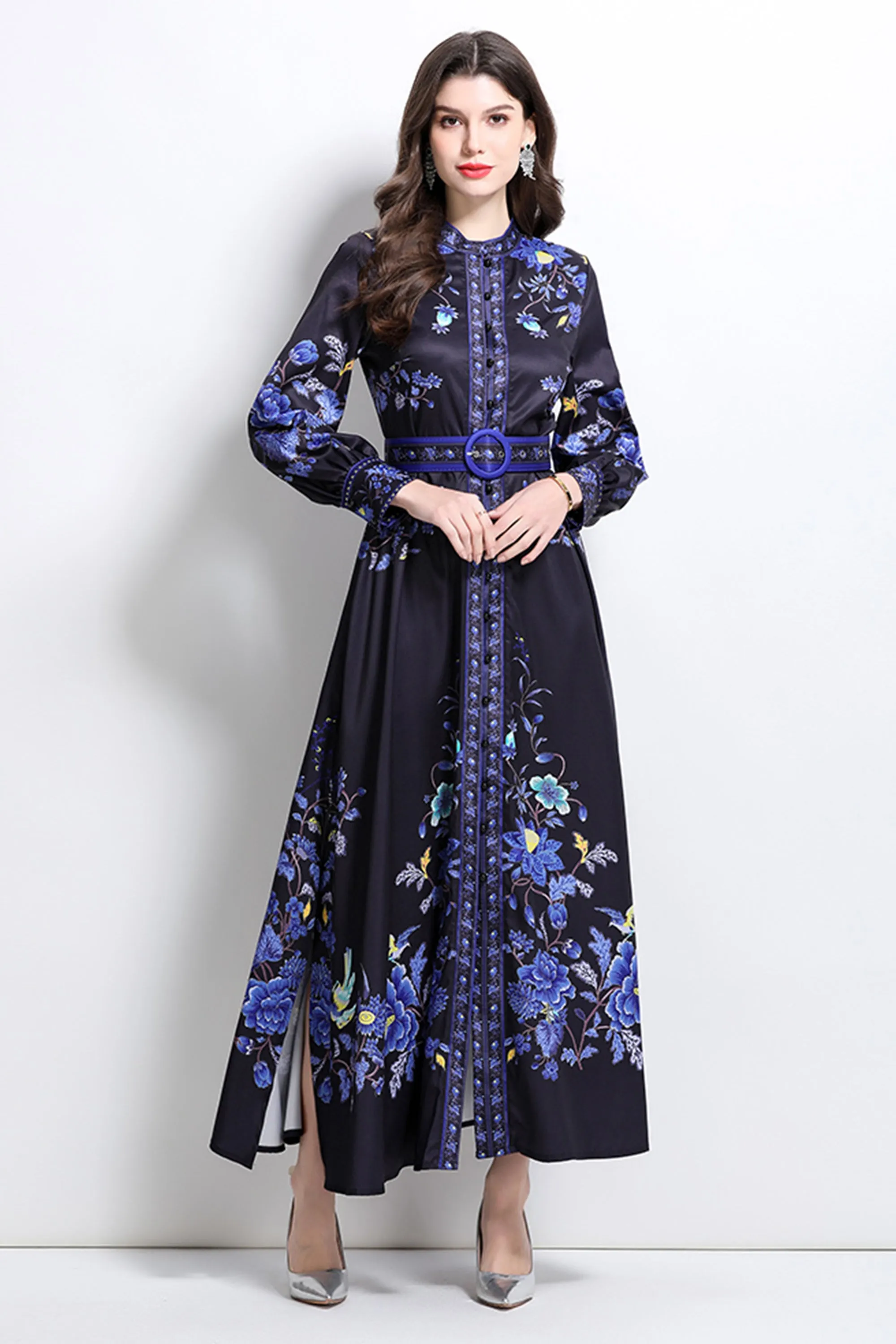 Women's Floral Print Maxi Dress Flowy Split Long Dress