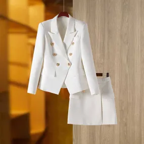 Women's Golden Lion Buttons White Skirts Blazer Suit Jacket   High Waist Skirts Belt Suit