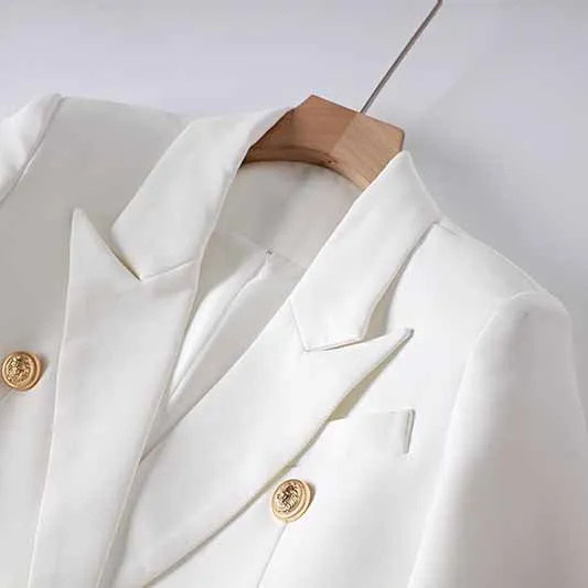 Women's Golden Lion Buttons White Skirts Blazer Suit Jacket   High Waist Skirts Belt Suit