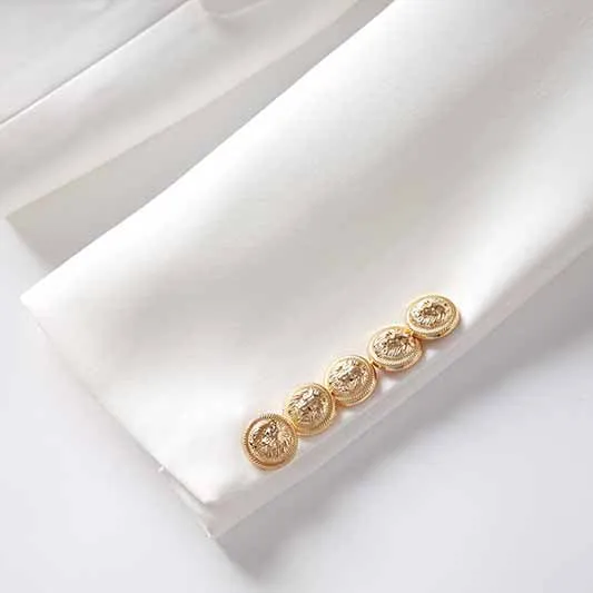 Women's Golden Lion Buttons White Skirts Blazer Suit Jacket   High Waist Skirts Belt Suit