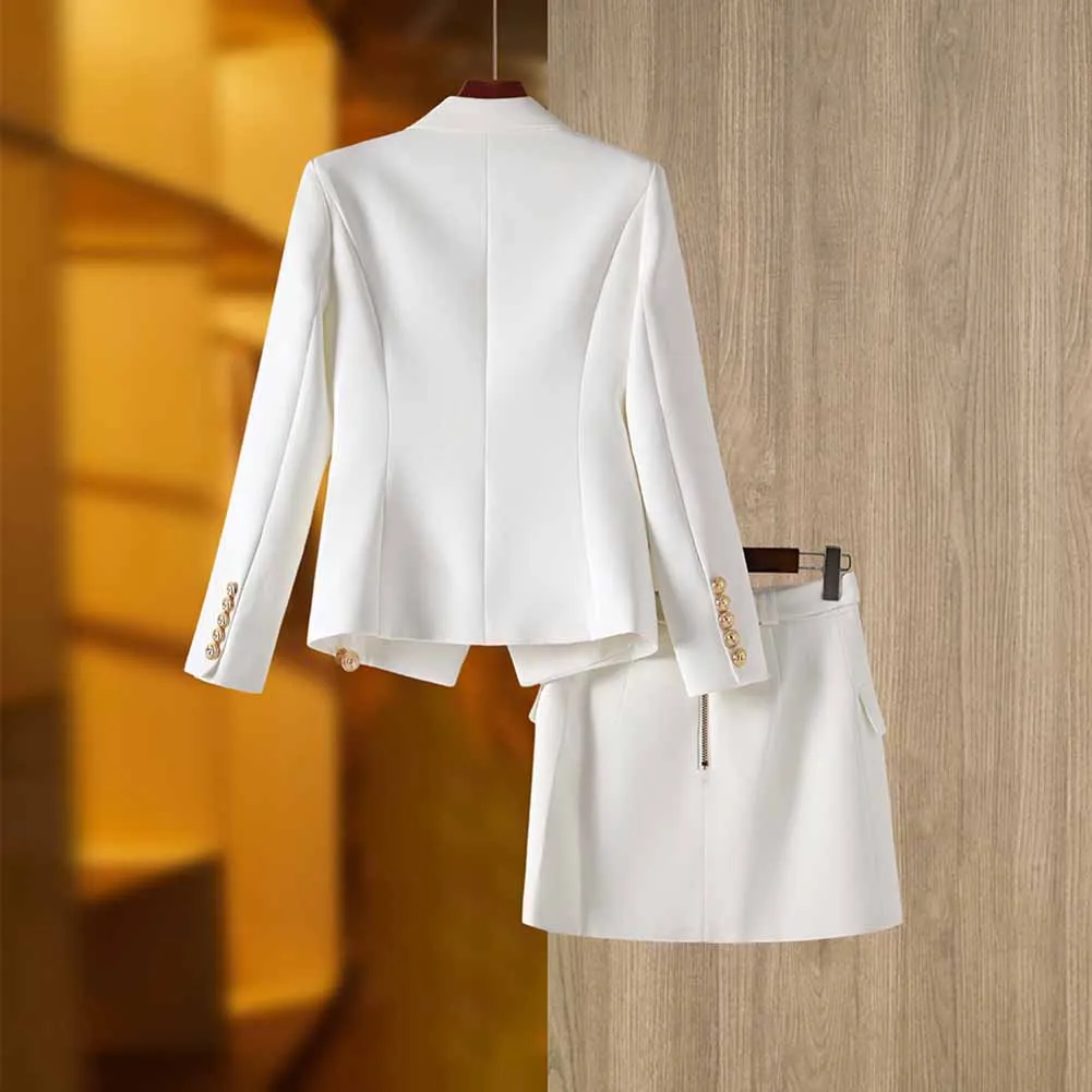 Women's Golden Lion Buttons White Skirts Blazer Suit Jacket   High Waist Skirts Belt Suit