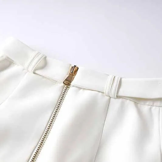 Women's Golden Lion Buttons White Skirts Blazer Suit Jacket   High Waist Skirts Belt Suit