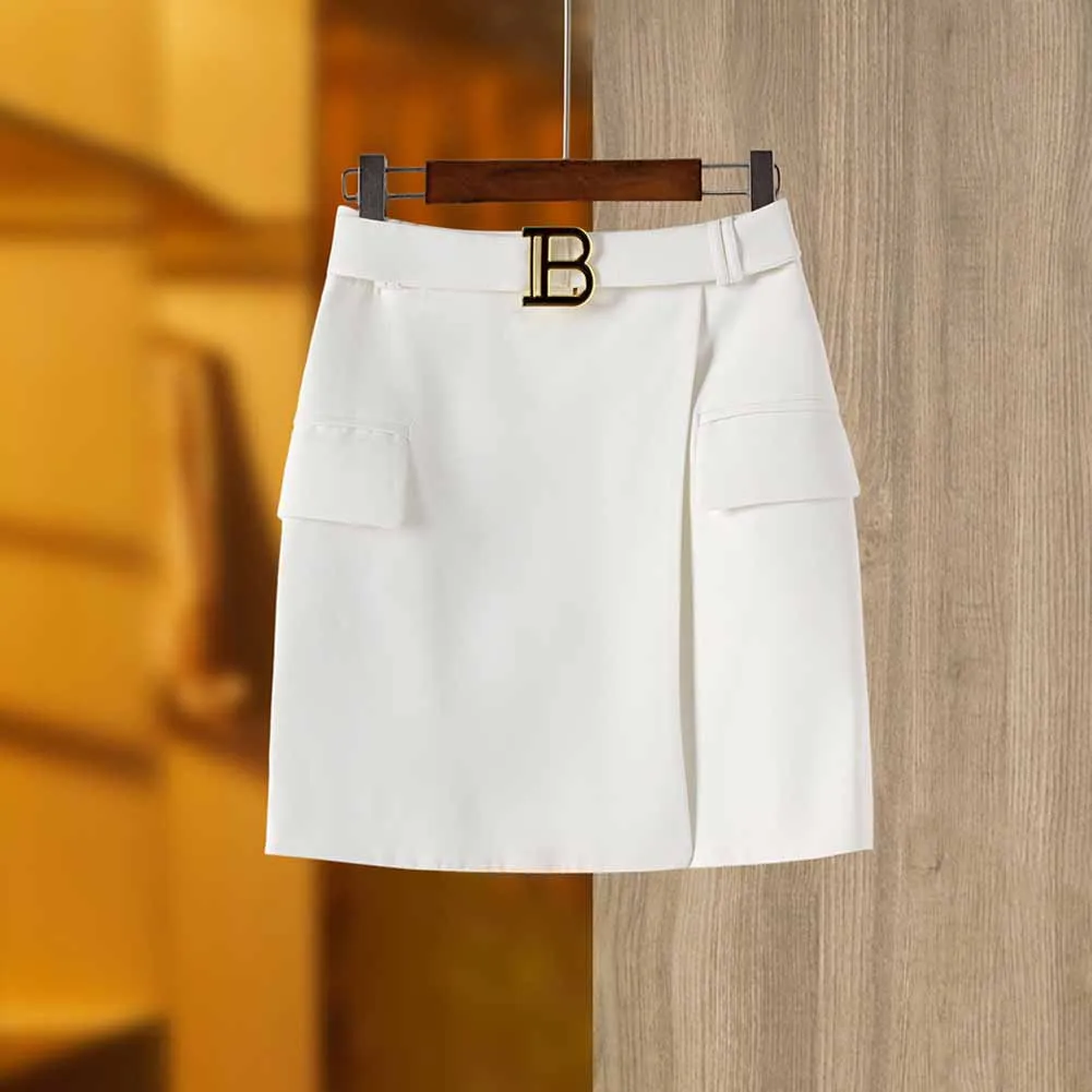 Women's Golden Lion Buttons White Skirts Blazer Suit Jacket   High Waist Skirts Belt Suit
