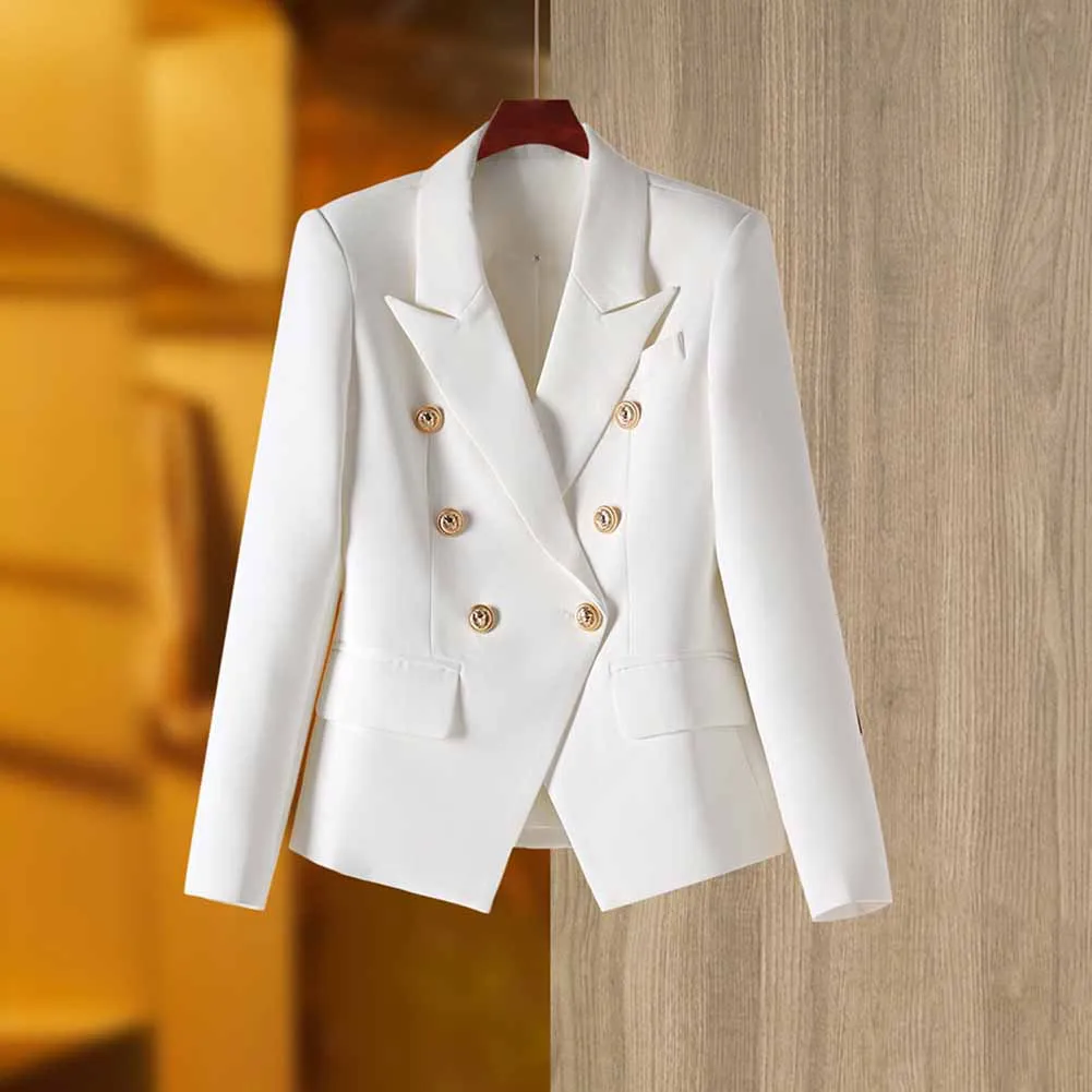 Women's Golden Lion Buttons White Skirts Blazer Suit Jacket   High Waist Skirts Belt Suit