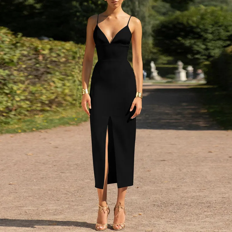 Women's Summer Sheath Deep V-Neck Midi Dress