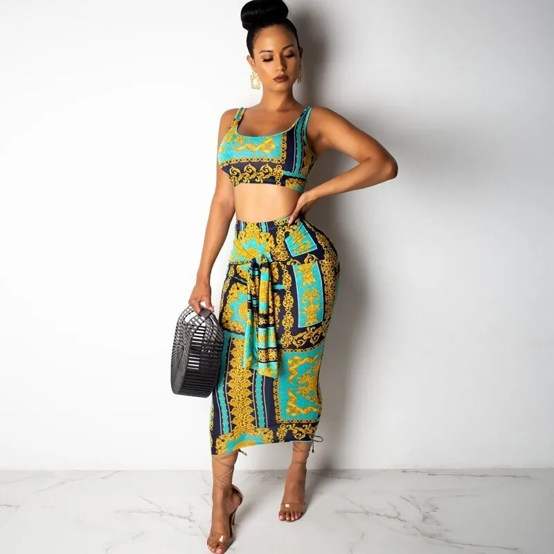 Women's Summer Sheath O-Neck Two-Piece Dress With Print