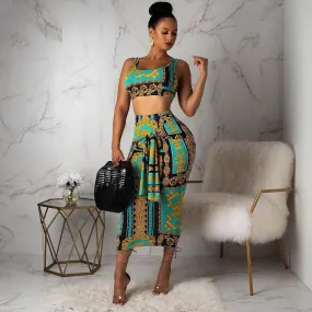 Women's Summer Sheath O-Neck Two-Piece Dress With Print