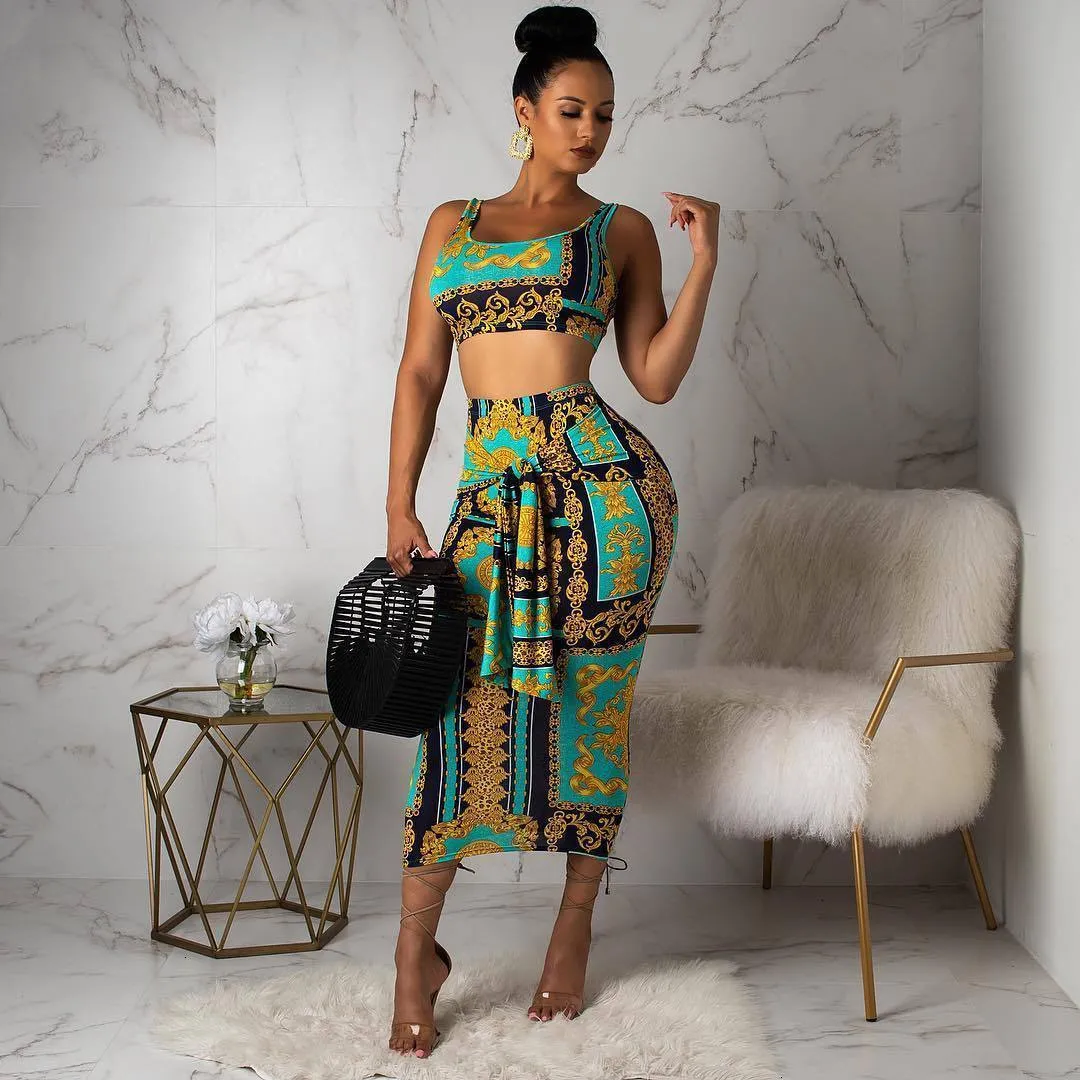 Women's Summer Sheath O-Neck Two-Piece Dress With Print