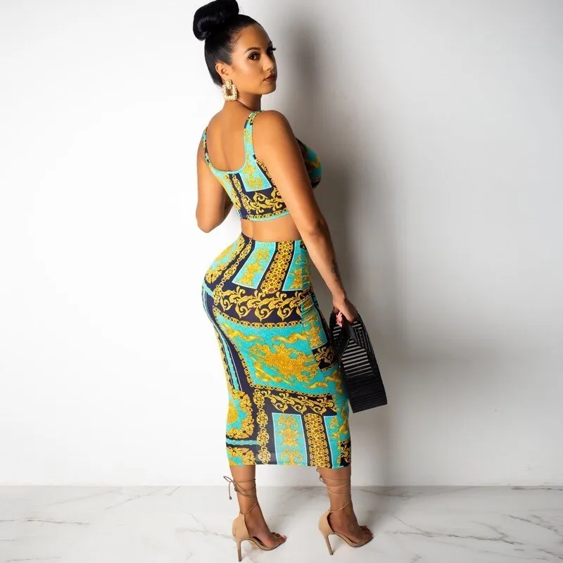Women's Summer Sheath O-Neck Two-Piece Dress With Print